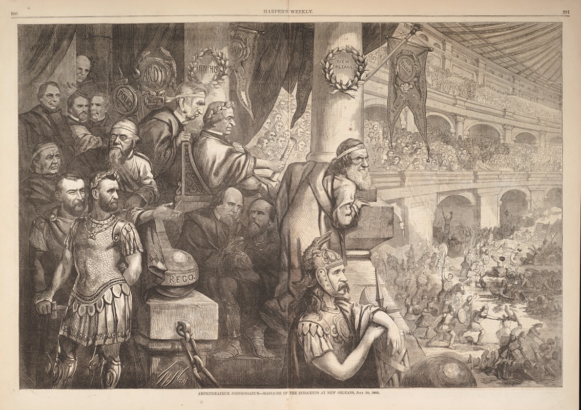 Thomas Nast - Amphitheatrum Johnsonian — Massacre of the innocents at New Orleans, July 30, 1866