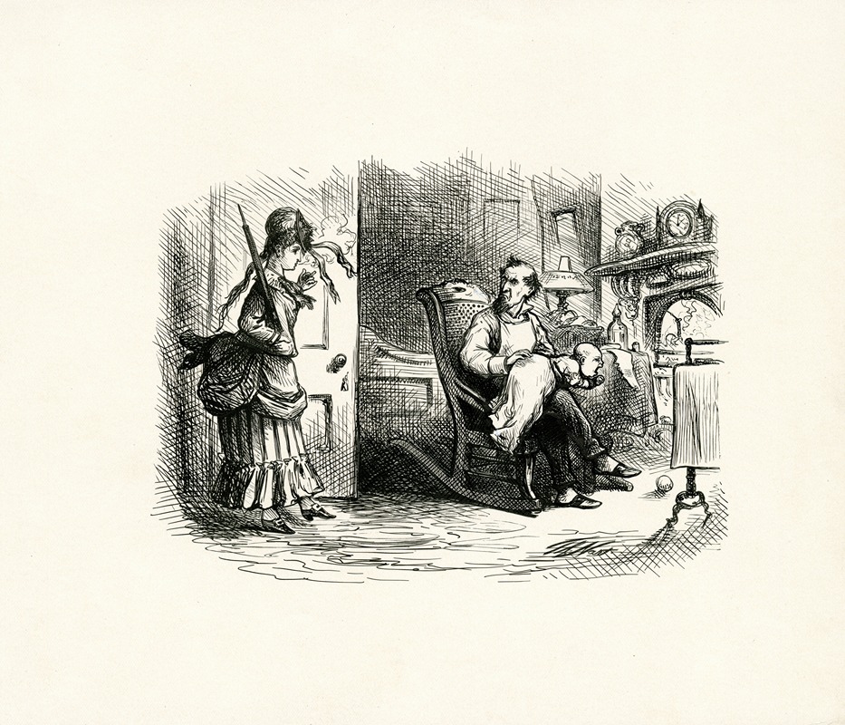 Thomas Nast - Father seated in rocking chair, infant on his lap, mother enters doorway holding cigarette and parasol