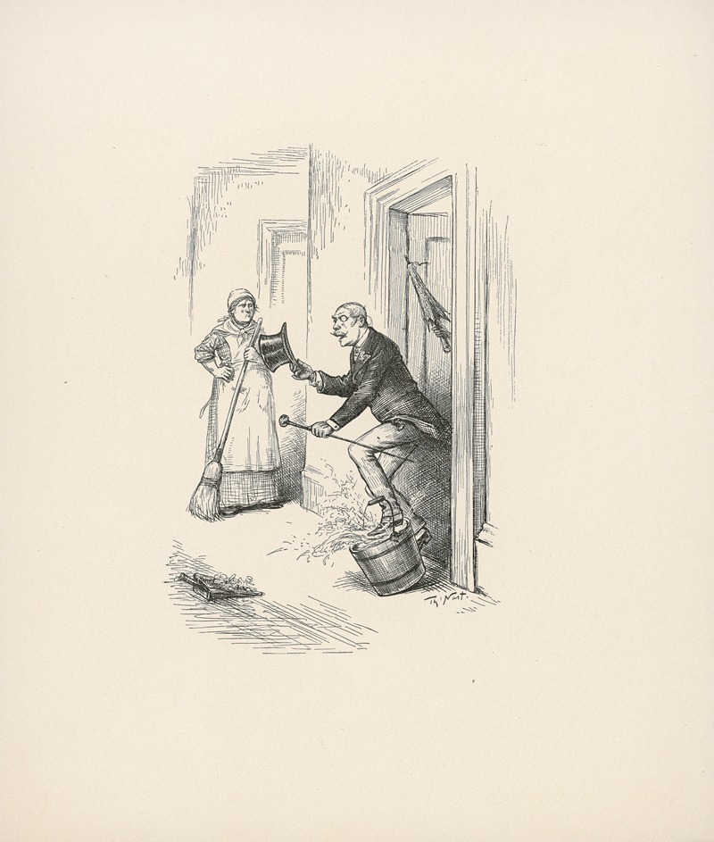 Thomas Nast - Maid watches man trip over bucket