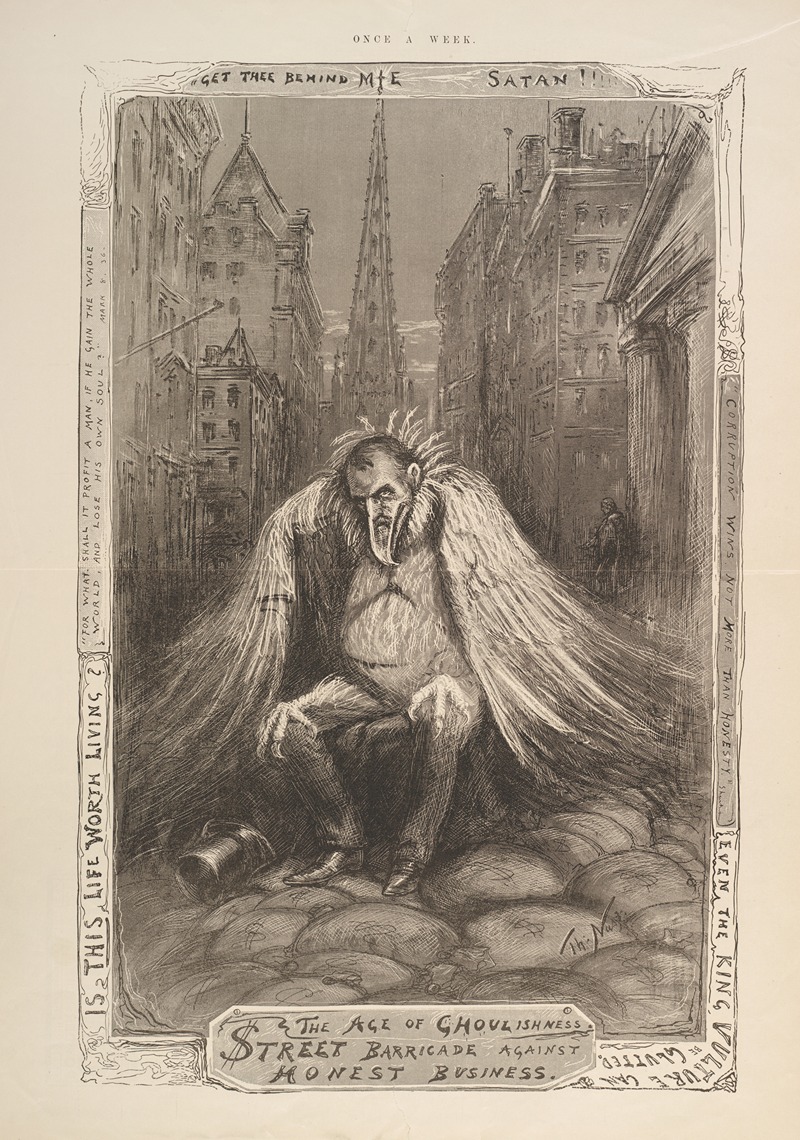 Thomas Nast - The age of Ghoulishness. Street barricade against honest business