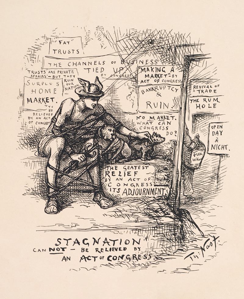 Thomas Nast - The god of trade tied up.