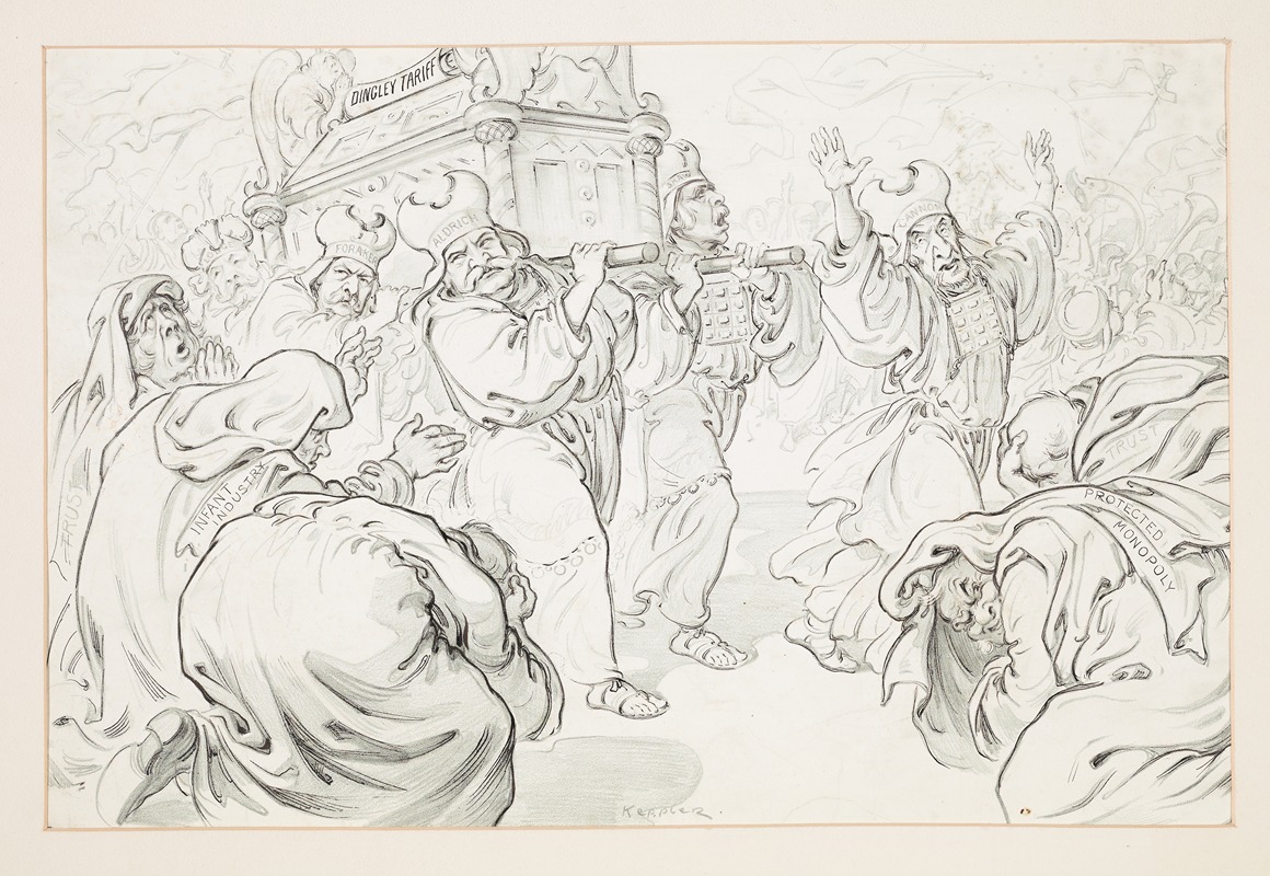 Udo Keppler - Triumphal procession in which figures labeled Lodge, Foraker, Aldrich, and Shaw bear a container labeled ‘Dingley Tariff’