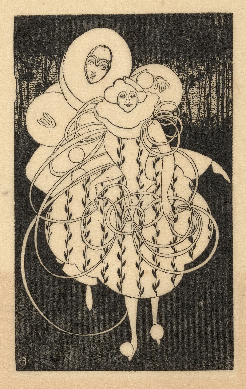 Will Bradley - Pierrot figure dancing with woman encircled by spiraling cord