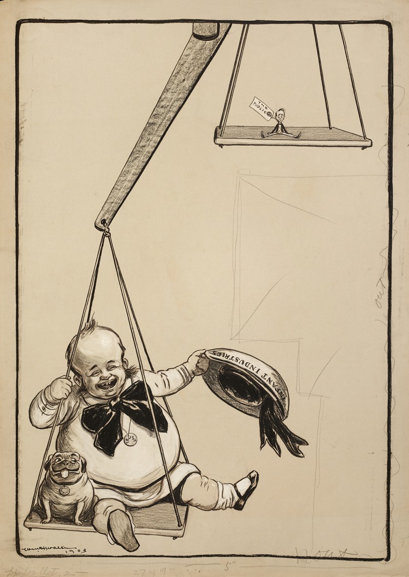 William Henry Walker - A baby boy representing infant industries and Trusts, with his bulldog representing Wall Street, sits on one end of scale, pulling it all the way down