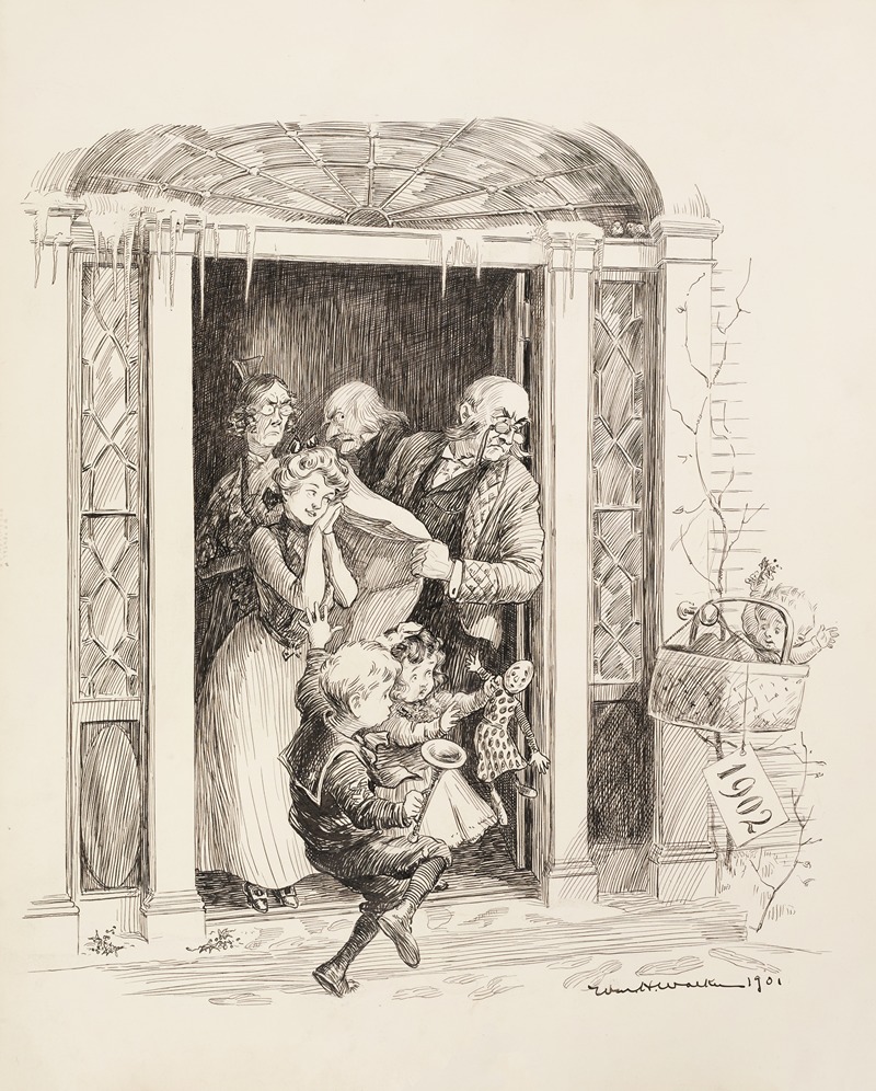 William Henry Walker - A baby representing the new year of 1902 is left on the doorstep of a house