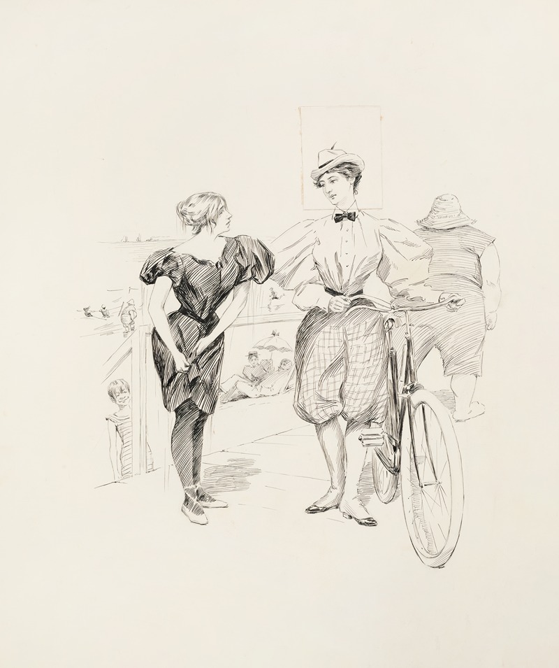 William Henry Walker - A beach boardwalk. Two women talk, one of them with a bicycle, while others enjoy the beach and water behind them.