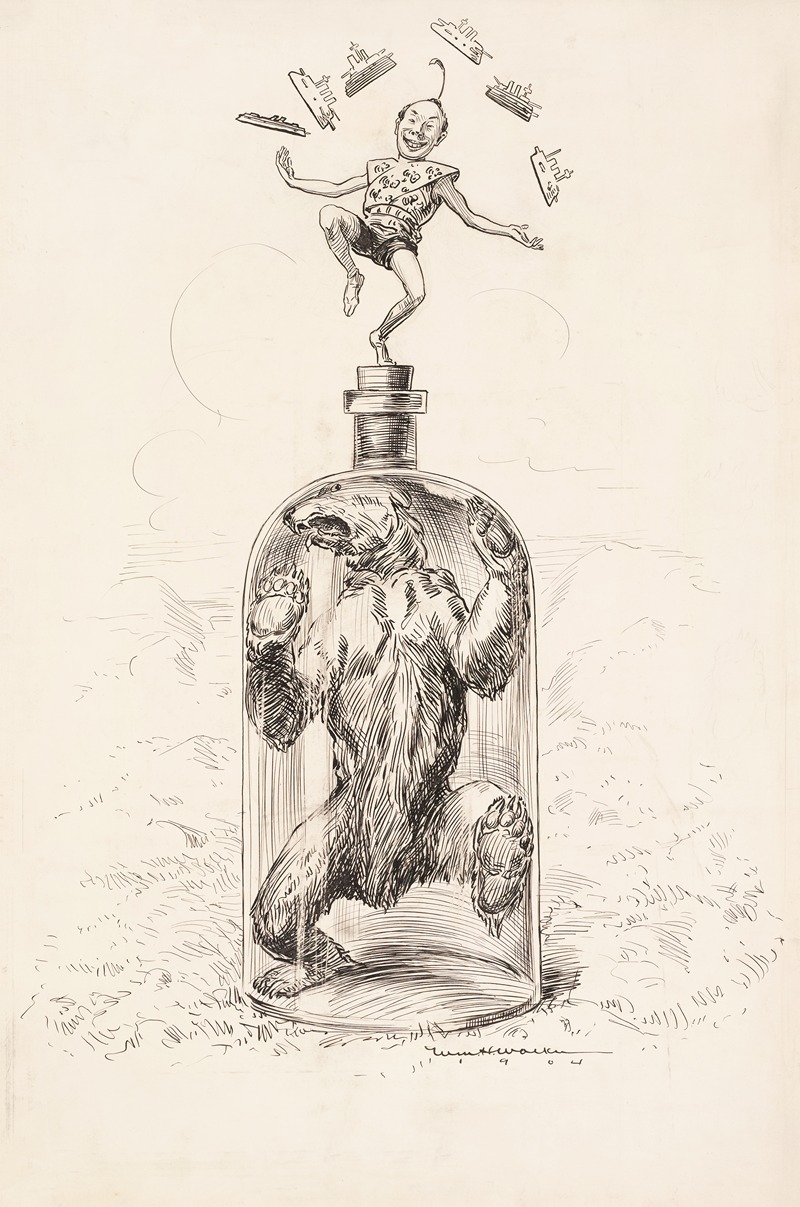 William Henry Walker - A bear, representing Russia, is trapped in a bottle while a small man dances on top, juggling ships.