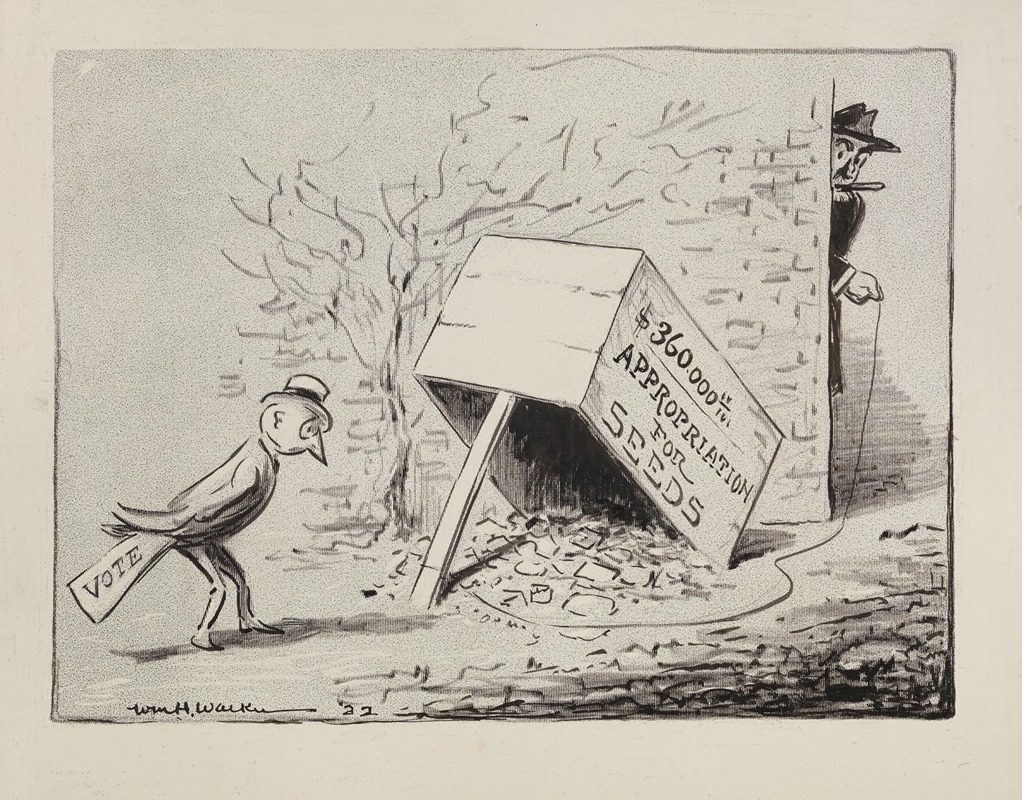 William Henry Walker - A bird, representing voters, approaches a trap baited with seeds