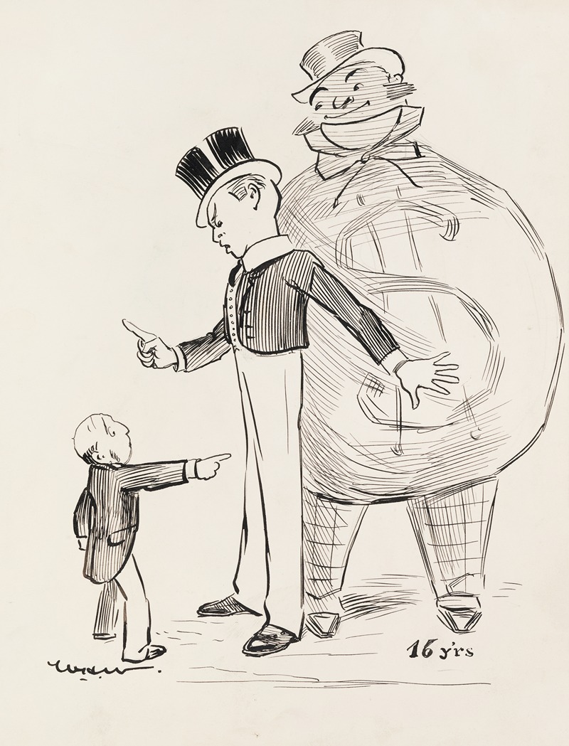 William Henry Walker - A boy at age 16, angrily looking down on a small man and protecting a fat man behind him who is depicted as a large bag of money