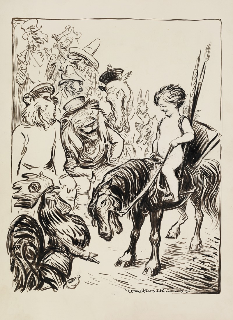 William Henry Walker - A boy on a pony laughs with several animals representing countries