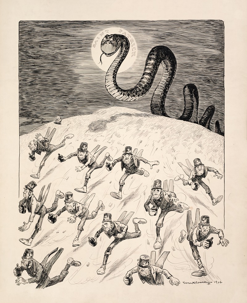 William Henry Walker - A crowd of leprechauns, each holding a bottle of alcohol, run from a large snake representing Saint Patrick and are chased out of Ireland