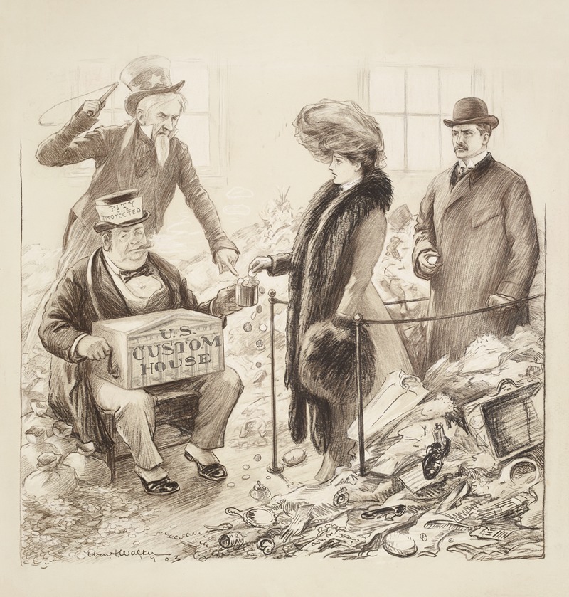 William Henry Walker - A crying woman and angry man are forced by Uncle Sam to put money into the cup of a beggar