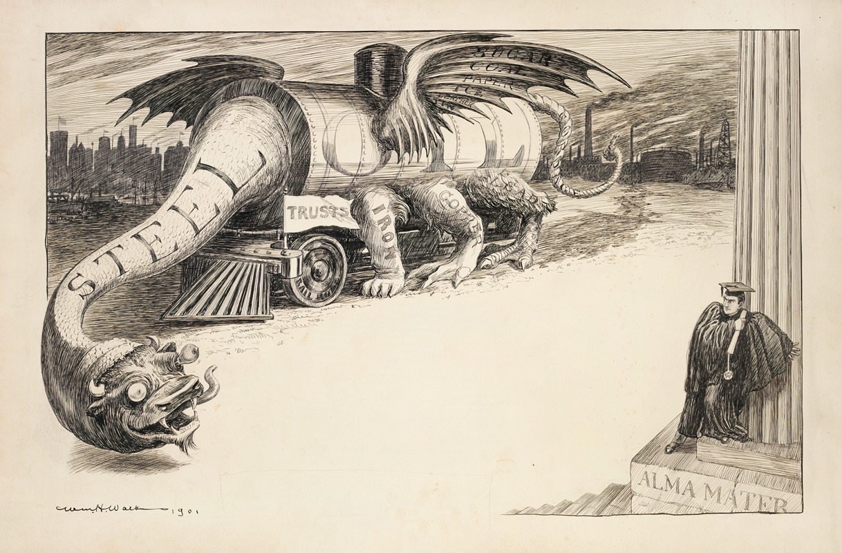 William Henry Walker - A dragon representing many trusts, with steel and oil as the biggest portions, threatens a 1901 college graduate