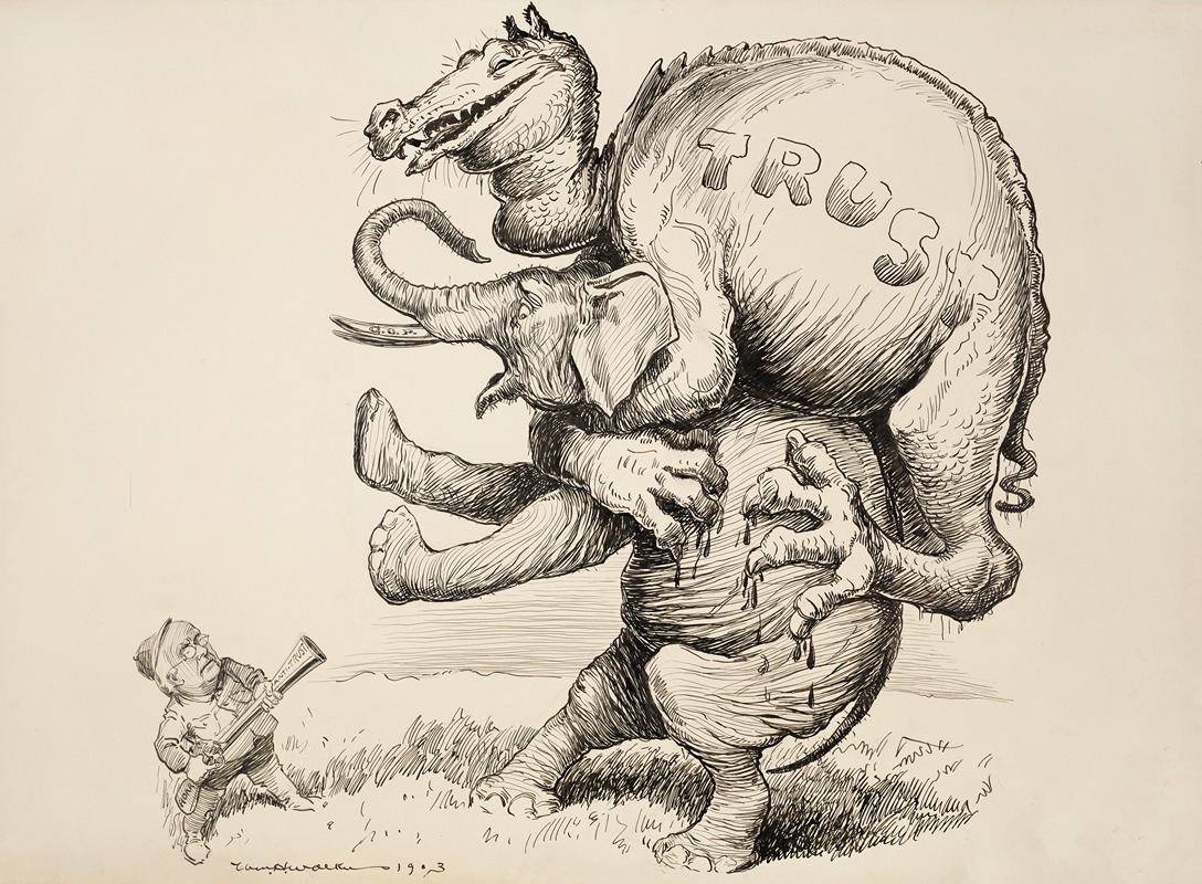 William Henry Walker - A dragon representing the trusts attacks the Republican Party elephant, which stands on its hind legs to try to knock off the dragon