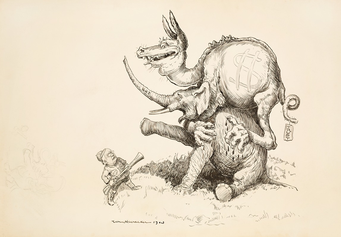 William Henry Walker - A dragon representing the trusts attacks the Republican Party elephant