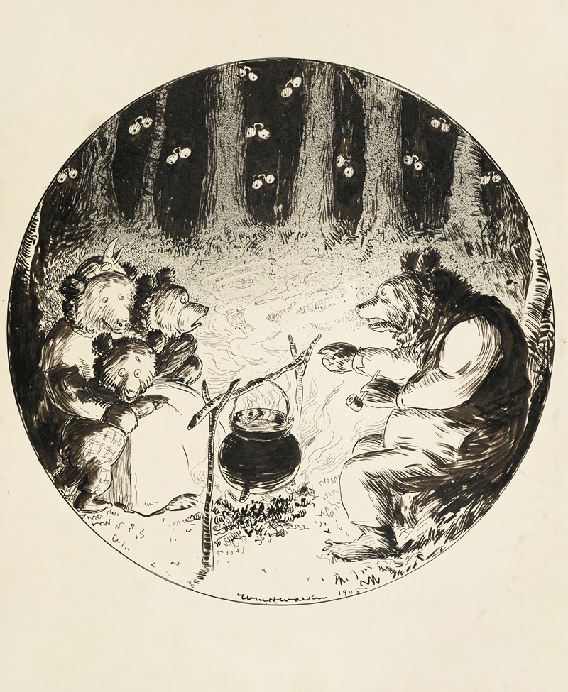 William Henry Walker - A family of bears cooks around a campfire