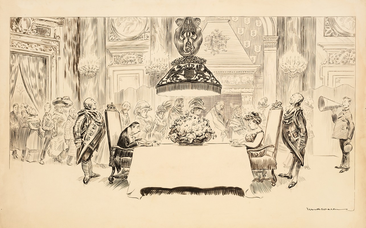 William Henry Walker - A fancy dinner party where only two guests are seated, eating. The rest stand and watch them.