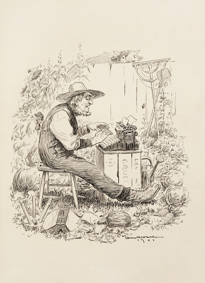 William Henry Walker - A farmer sits in his field, typing on a type writer, surrounded by his crops and animals, who watch him curiously.