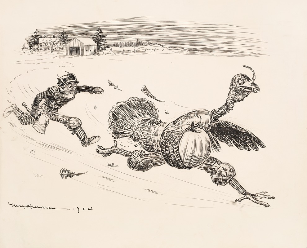 William Henry Walker - A farmer with an ax chases a giant turkey with a pumpkin under its wing.