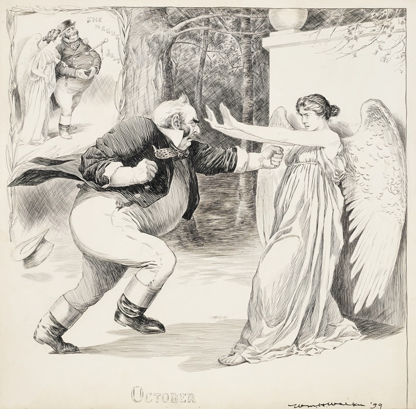 William Henry Walker - A fat man attacks a female angel in October. He remembers her walking with him peacefully at The Hague in July.