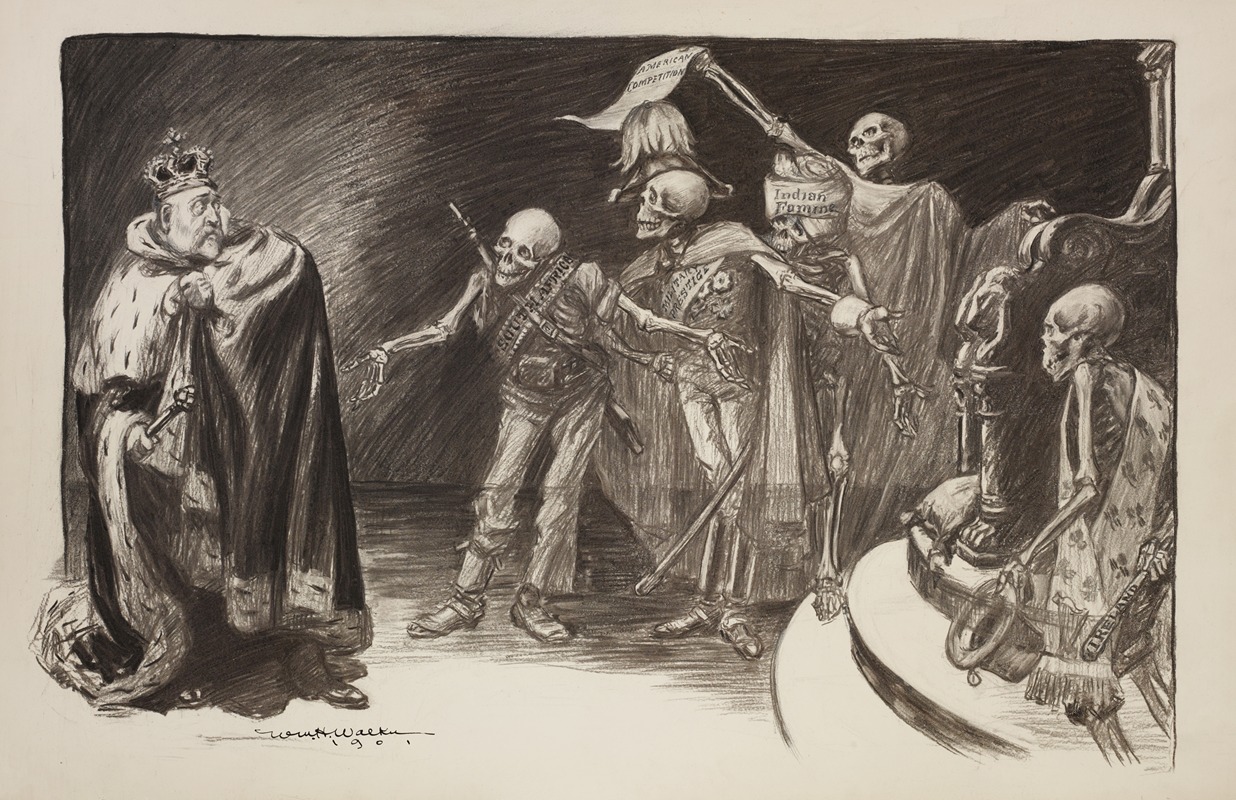 William Henry Walker - A frightened king, possibly Great Britain, is threatened by skeletons