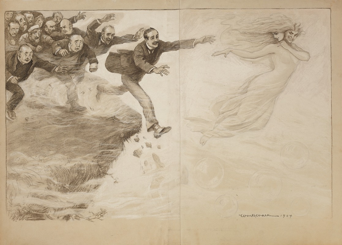 William Henry Walker - A ghostly woman, floating on bubbles, lures a crowd of men to follow her over a cliff