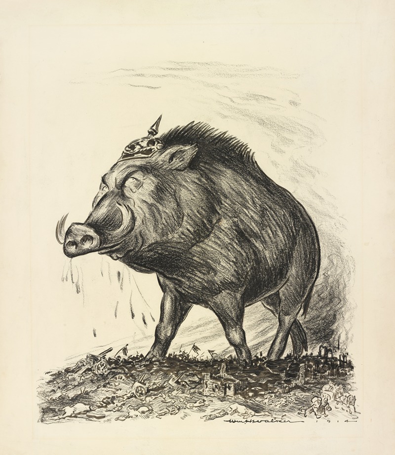 William Henry Walker - A giant boar with a Prussian helmet stands victorious on a field of battle covered with fallen soldiers.