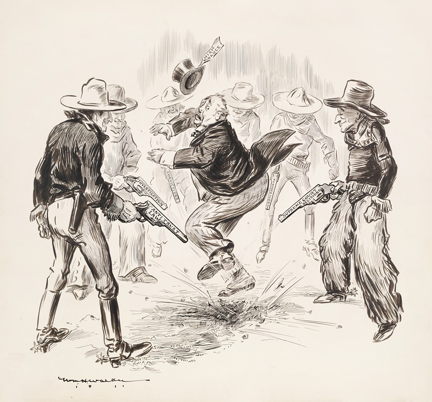 William Henry Walker - A group of cowboys surround a rich man representing high finance and fire their guns at his feet