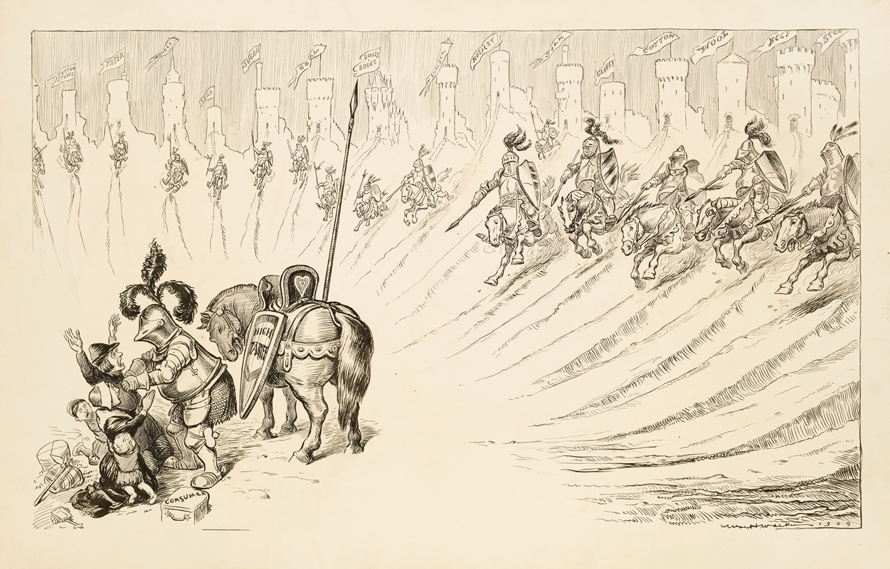 William Henry Walker - A group of knights come charging from castles representing several Trusts to protect a family (representing consumers) from an attacker