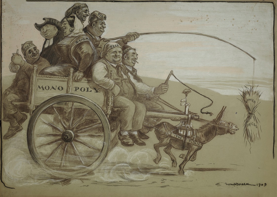 William Henry Walker - A group of large people representing various trusts ride on a wagon (monopoly) which is pulled by a small donkey (the public)