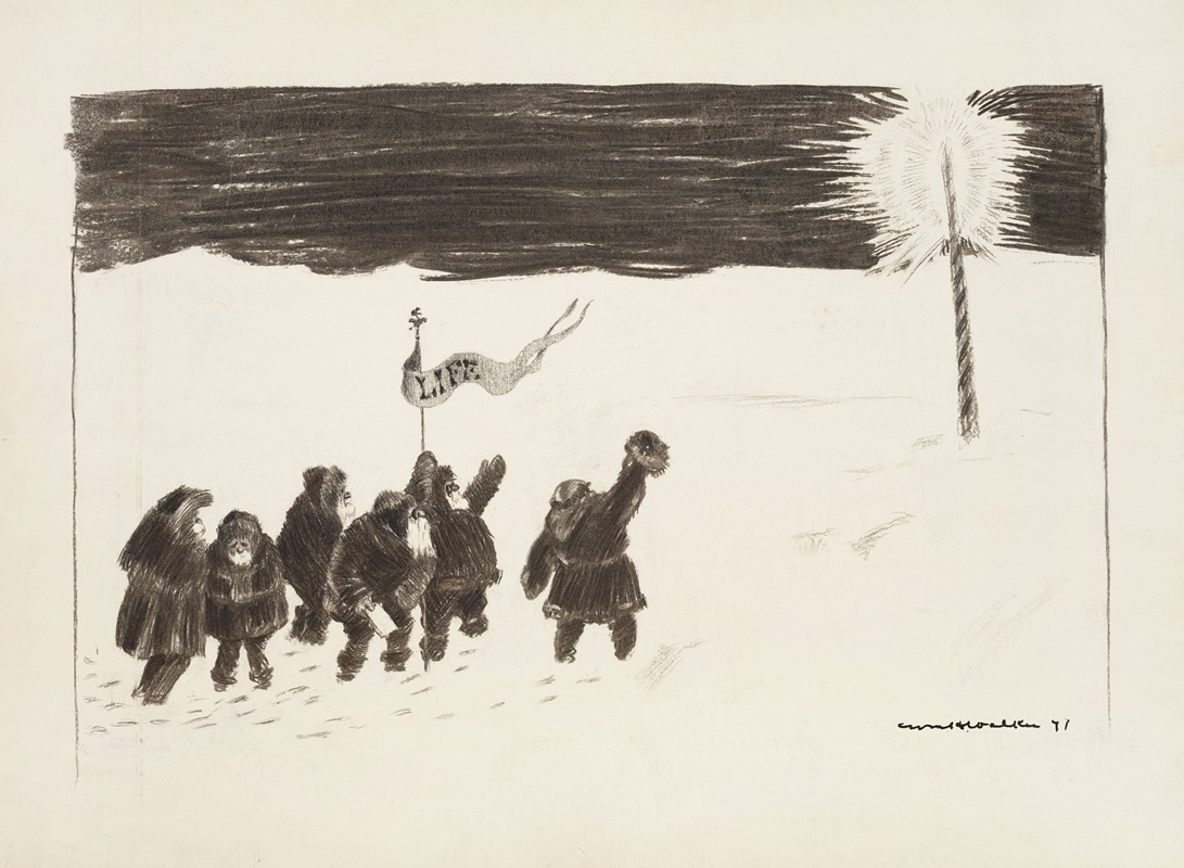 William Henry Walker - A group of men carrying a ‘Life’ flag walk across the snow towards a glowing pole, probably representing the North Pole.