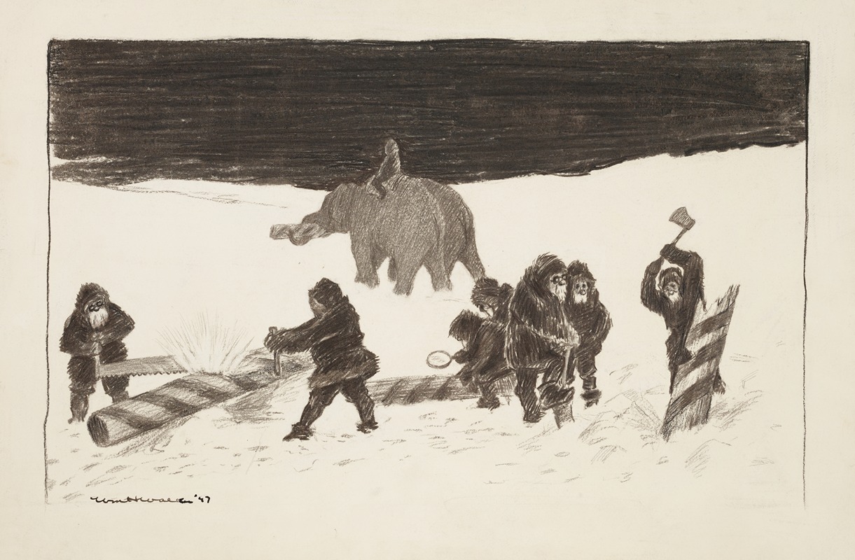 William Henry Walker - A group of men chop up and examine a pole in the snow, probably the North Pole