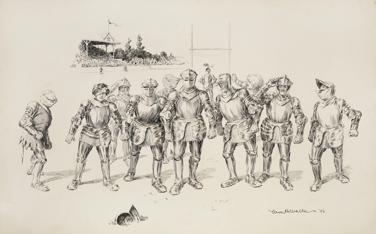 William Henry Walker - A group of men in medieval armor at a stadium, all looking at a helmet on the ground.