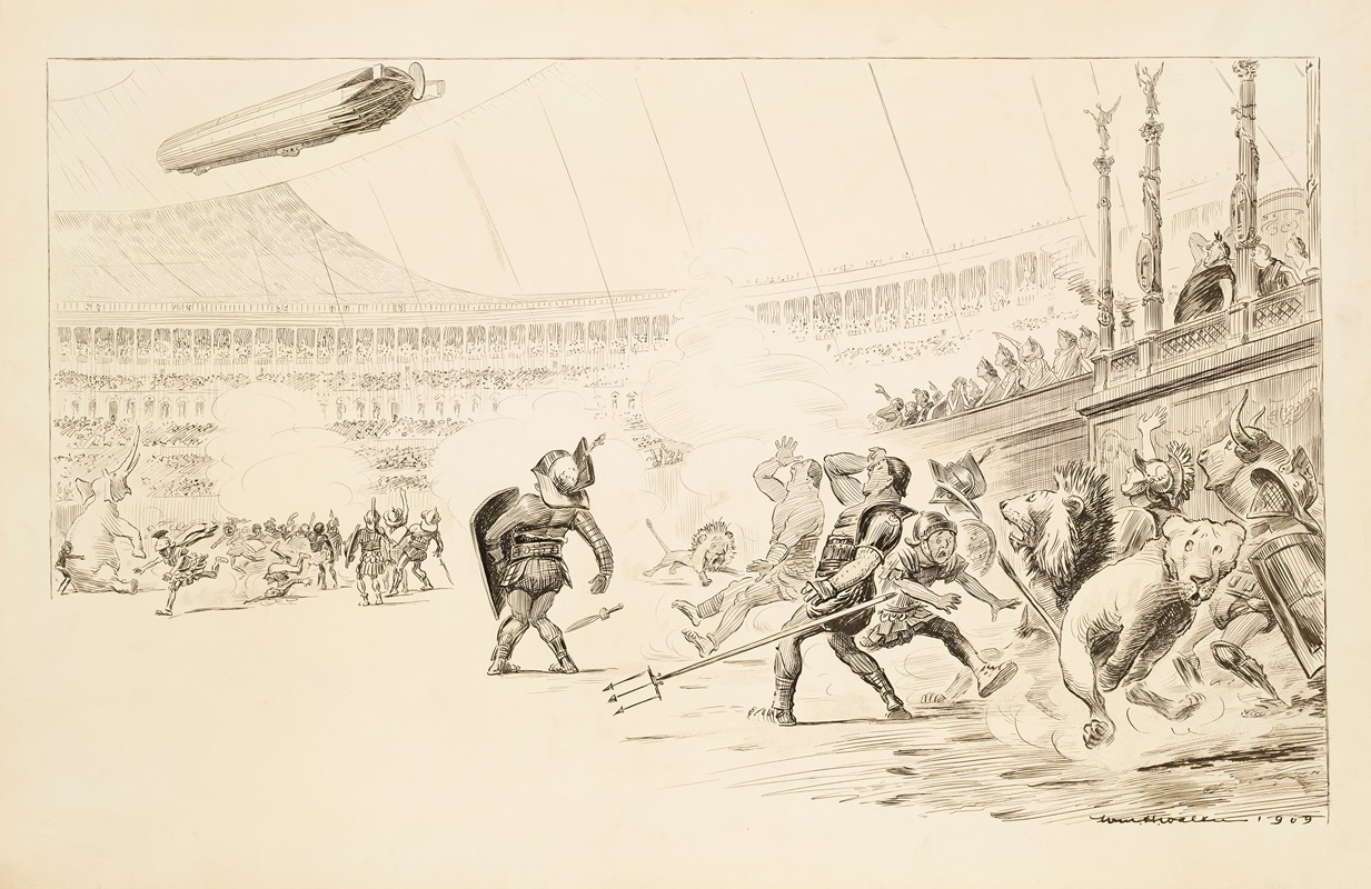 William Henry Walker - A huge gladiator fight, including men in armor, lions, and an elephant, in a crowded stadium