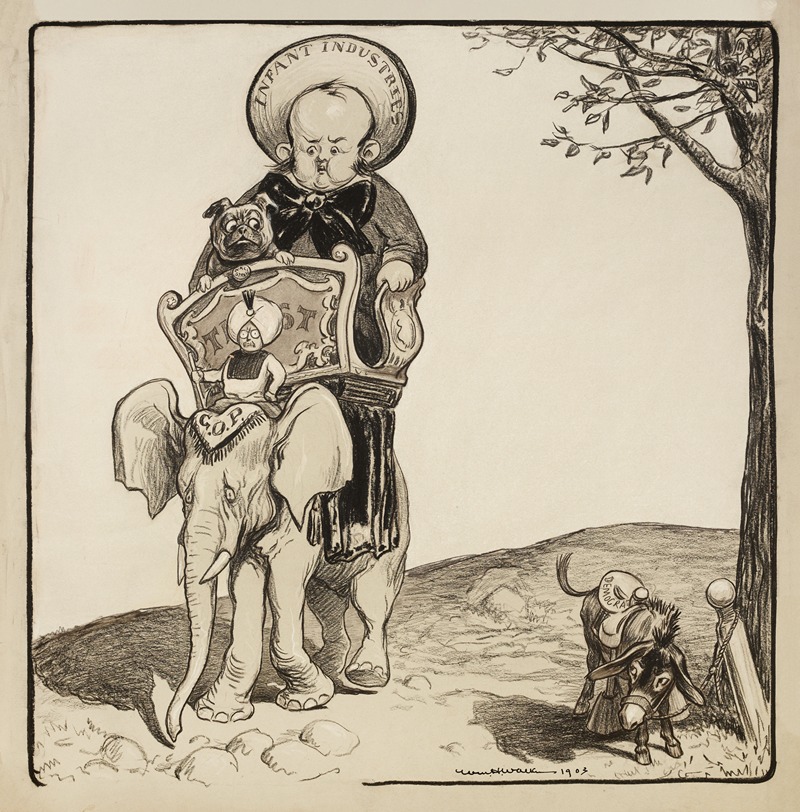 William Henry Walker - A large child representing Infant Industries and his bulldog representing Wall Street ride on top of the Republican Party elephant