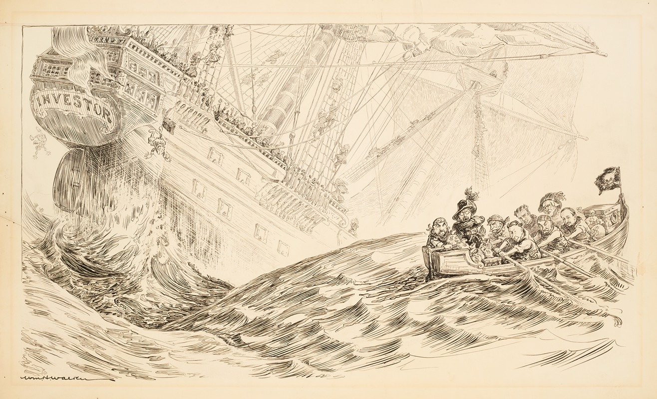 William Henry Walker - A large sailing ship representing investors sinks as a small group of pirates row away with their money.