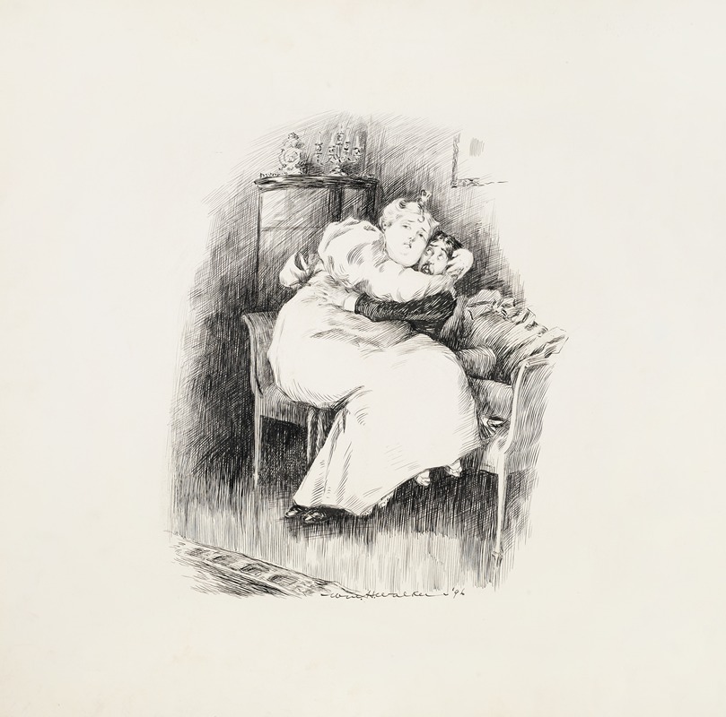 William Henry Walker - A large woman in white sits on the lap of a smaller man in black who is seated on the edge of a bed.