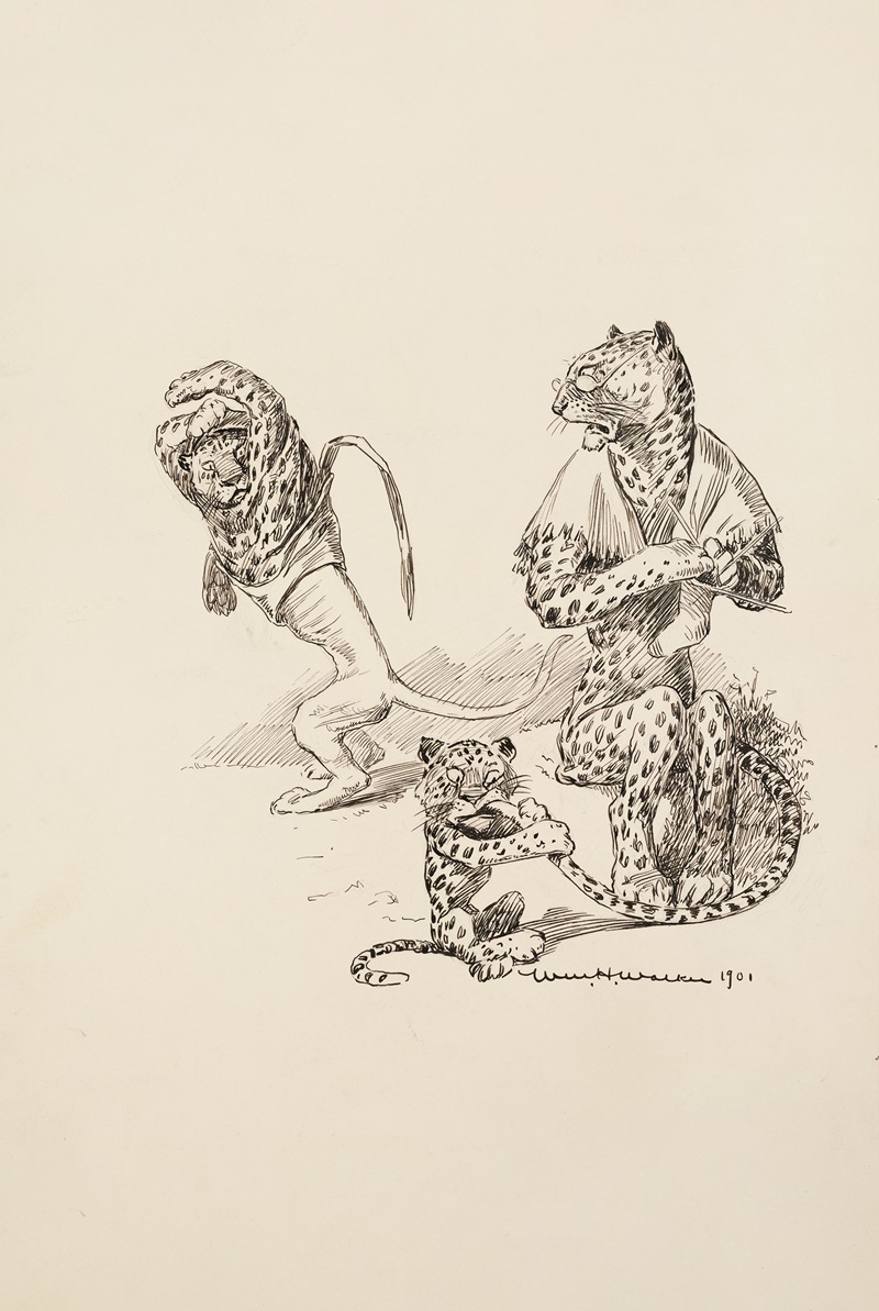 William Henry Walker - A leopard knits and watches her cub, while another leopard takes off his skin and reveals that he is actually a lion.