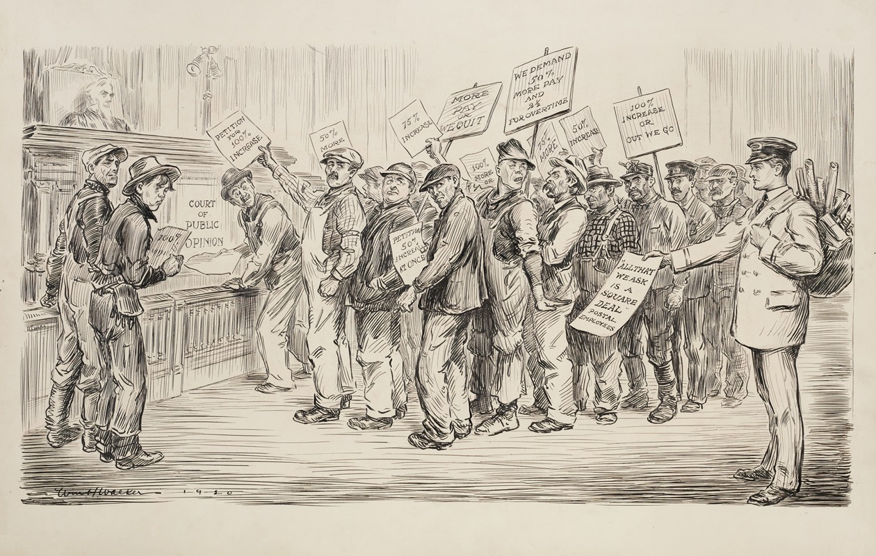 William Henry Walker - A line of men at the ‘court of public opinion’ representing various groups of labor demand 50-100% pay increases