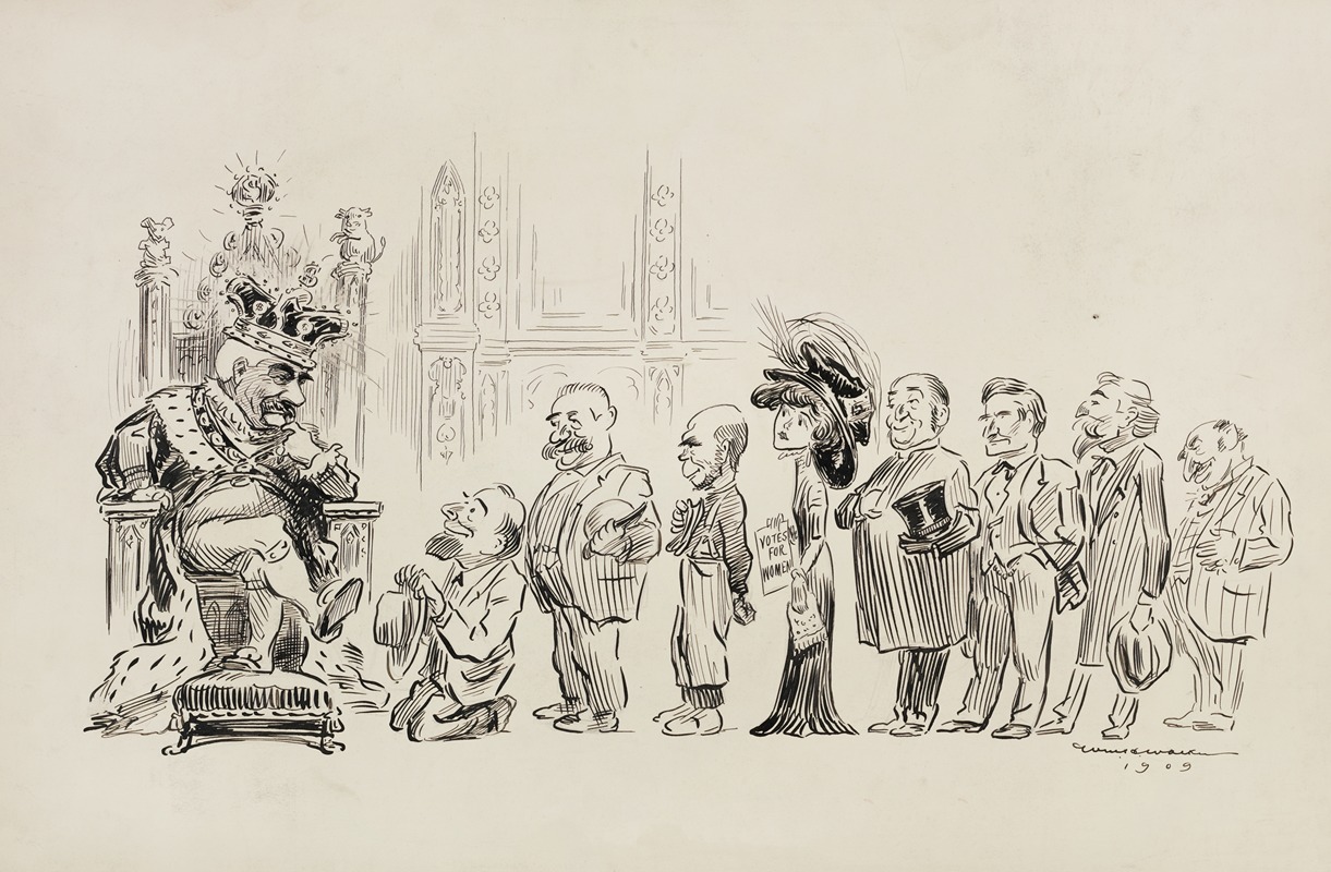 William Henry Walker - A line of men in suits and a woman with a paper reading ‘votes for women’ wait for an audience with a man dressed like a king