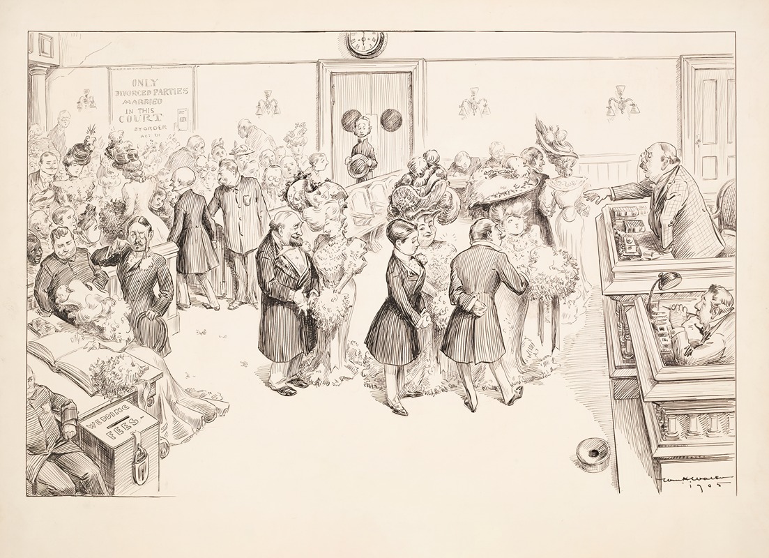 William Henry Walker - A line of people wait to be married in a courtroom