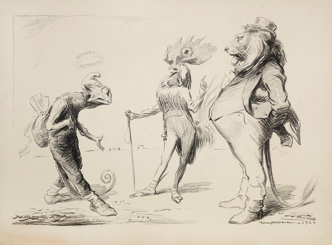 William Henry Walker - A lion (England) and a rooster (France) confront a chameleon representing the German Republic