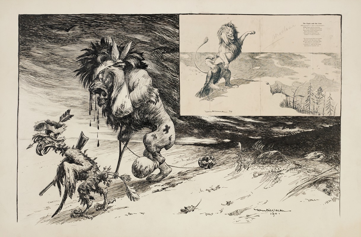 William Henry Walker - A lion (Great Britain) and an eagle (United States), both badly wounded, hobble from a land they tried to conquer.