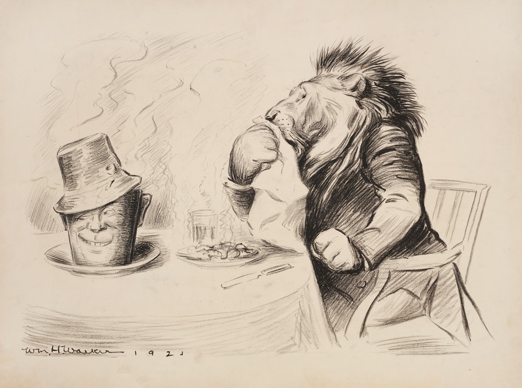 William Henry Walker - A lion (Great Britain) eats a fine dinner. The coffee cup on the table has a face.