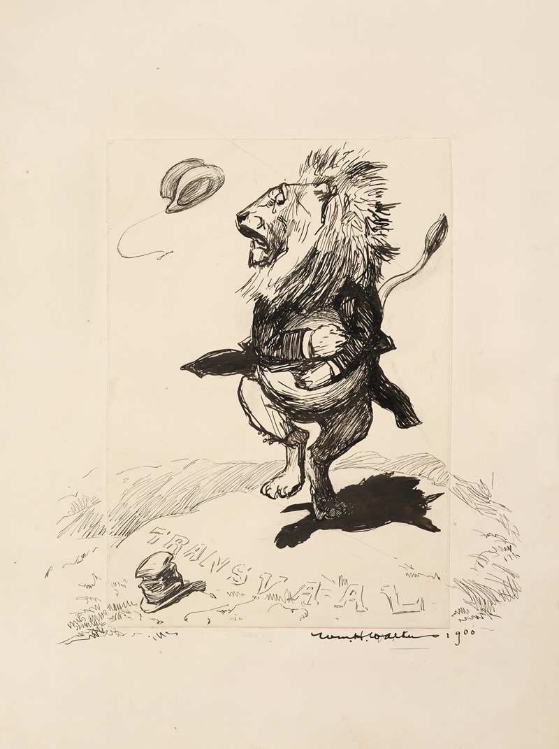 William Henry Walker - A lion in a suit (Great Britain) stands on a hill labeled ‘Transvaal’ and looks worried.