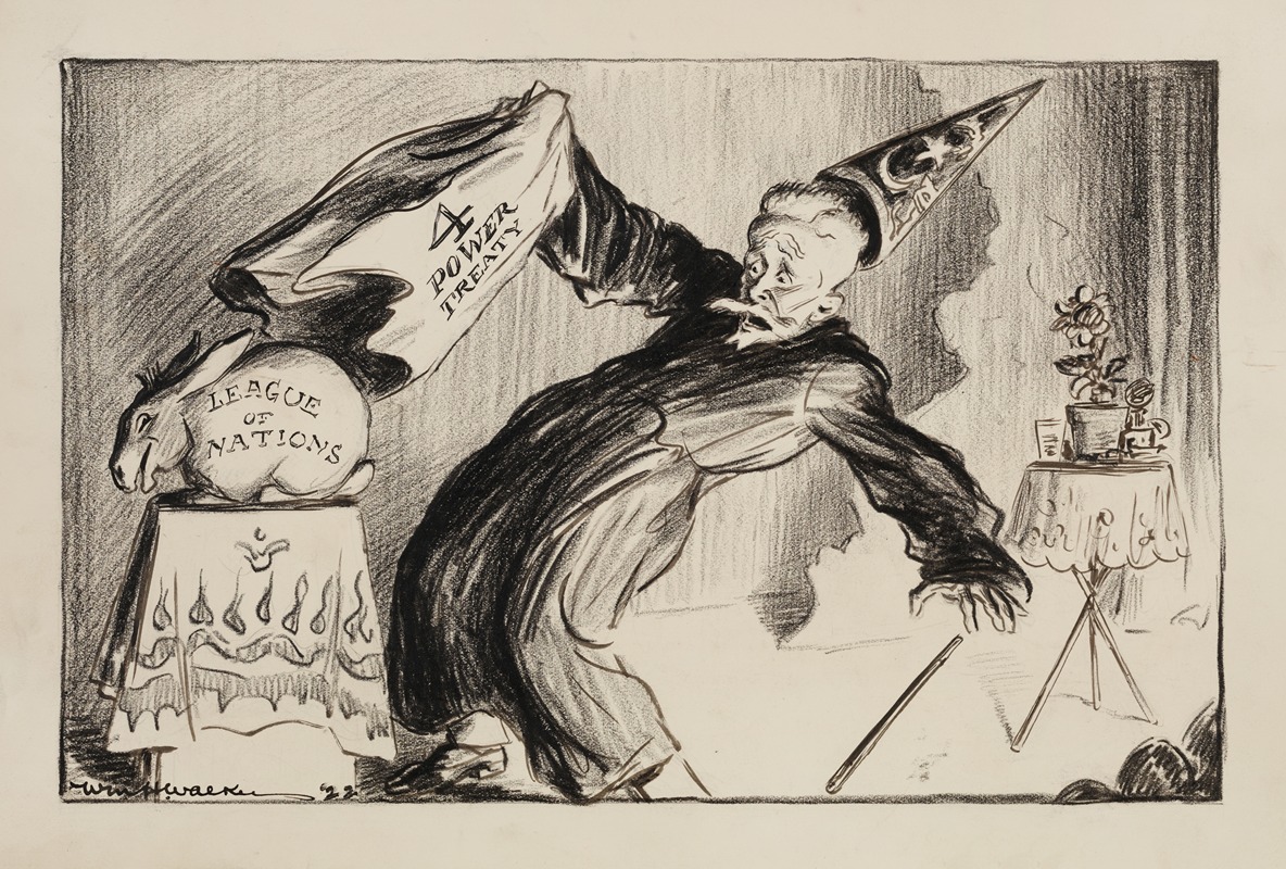 William Henry Walker - A magician pulls away a cloth representing the 4 Power Treaty and reveals a rabbit representing the League of Nations