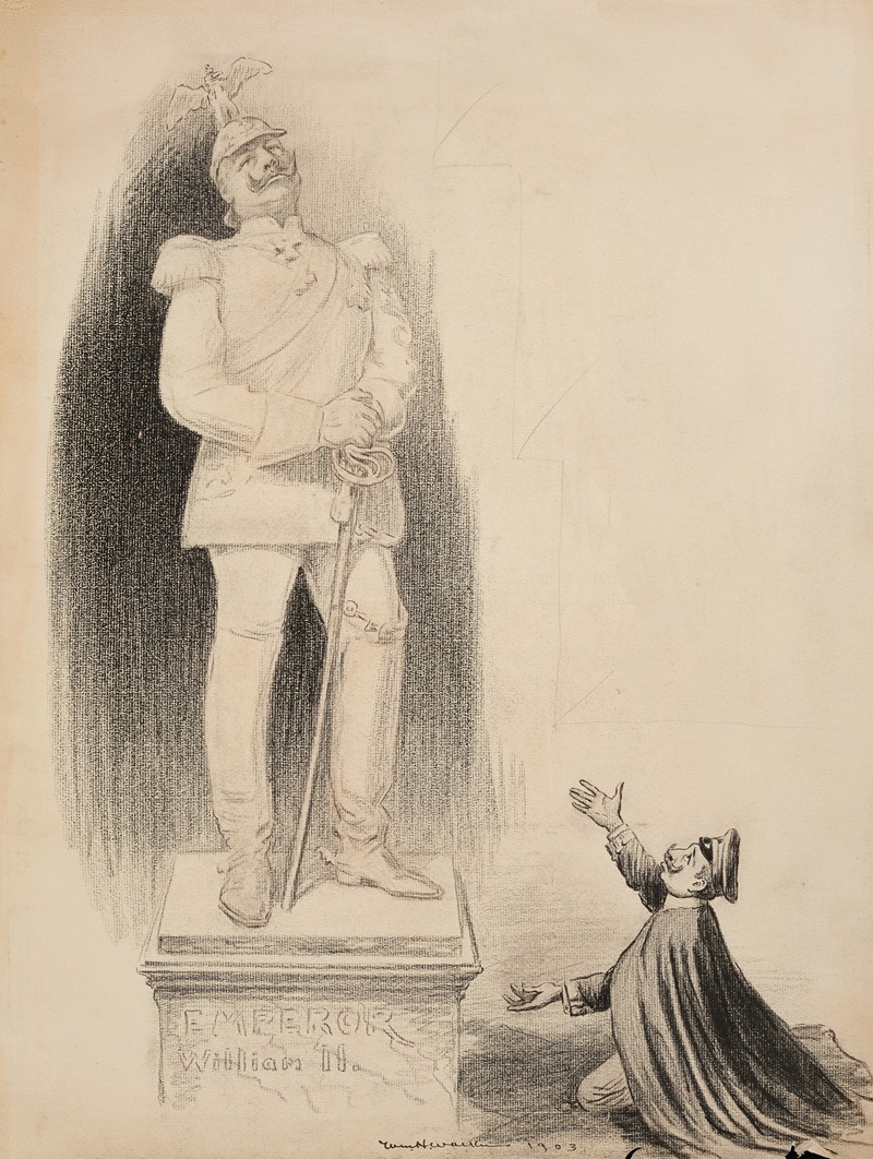 William Henry Walker - A man bows down to a statue of Emperor William II of Germany and Prussia.