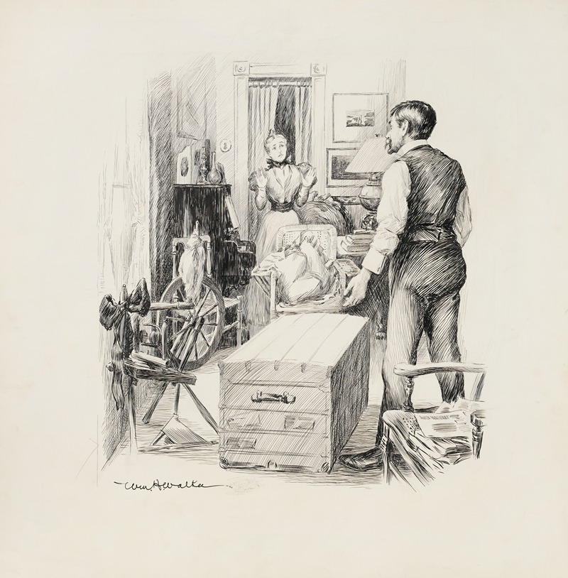 William Henry Walker - A man confronts a woman standing at a piano in a room with crowded with furniture, including a spinning wheel.