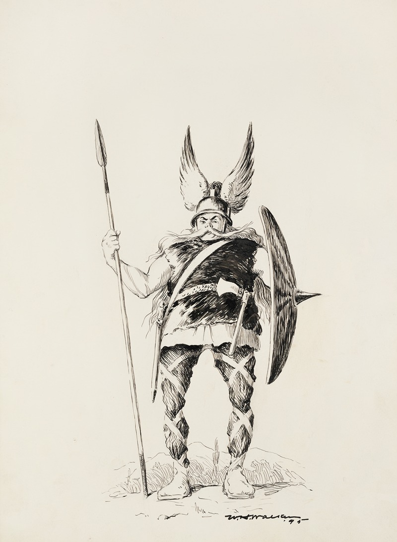 William Henry Walker - A man dressed in furs with a spiked shield, spear, and winged helmet.