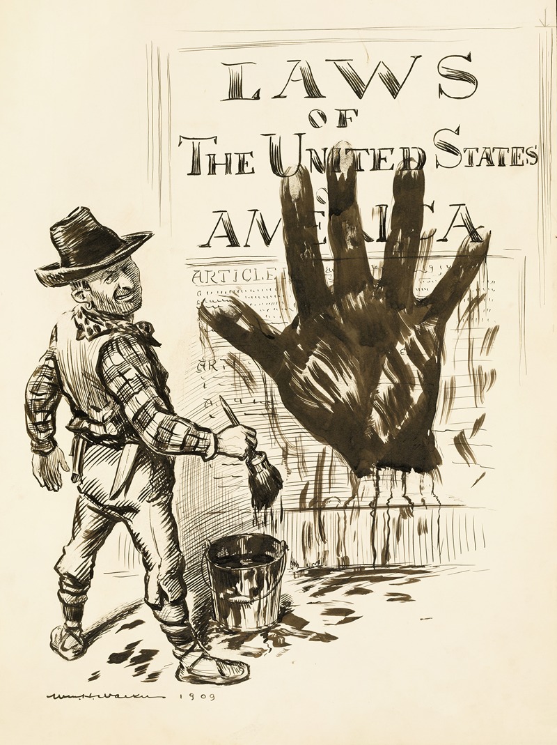 William Henry Walker - A man dressed like a Westerner paints a large black hand on the Laws of the United States.